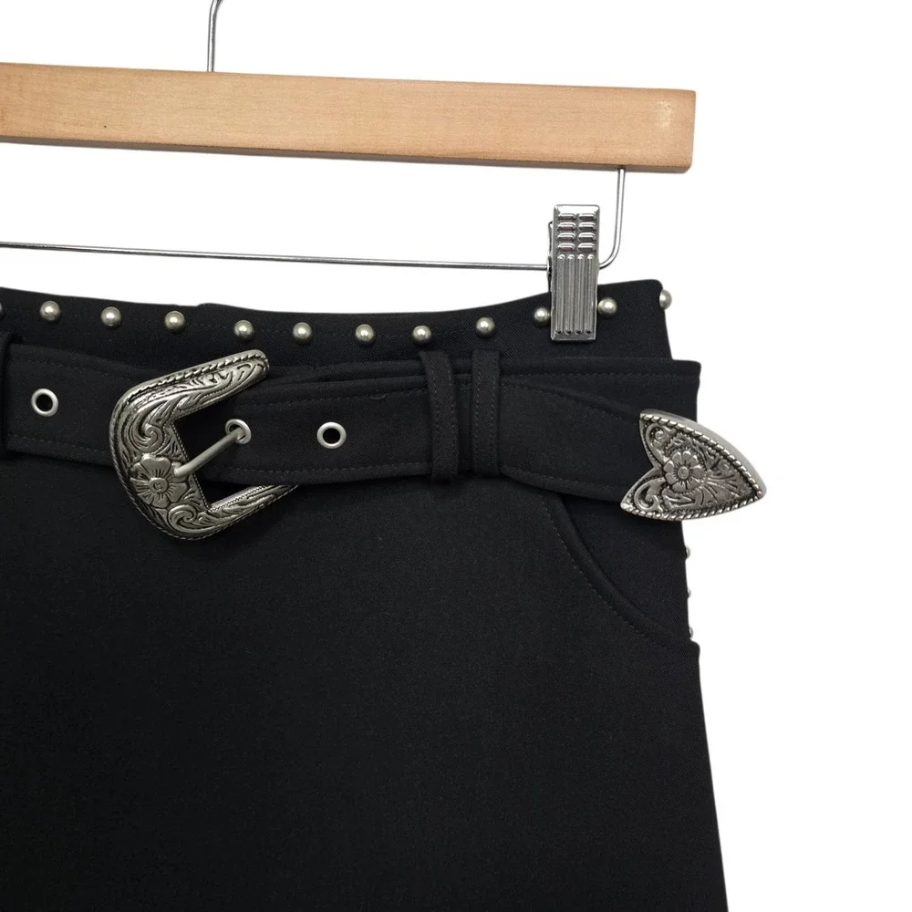 NWT Avec Les Filles Black Studded Western Mini Skirt Belted Size 0 Anthropologie